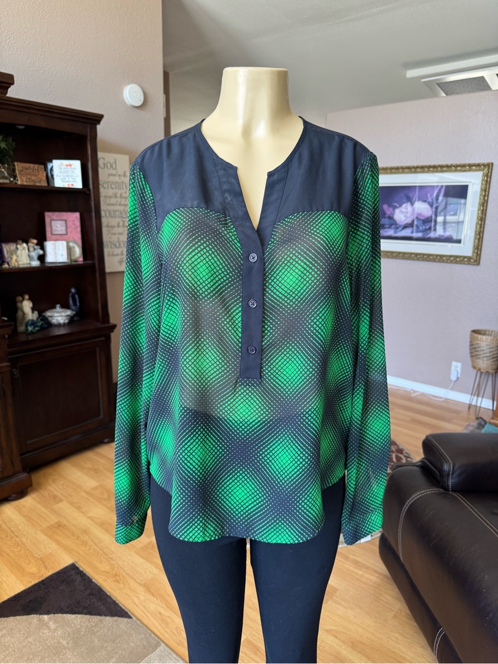 Michael Kors Black and Green Geometric Henley Type Blouse-size L